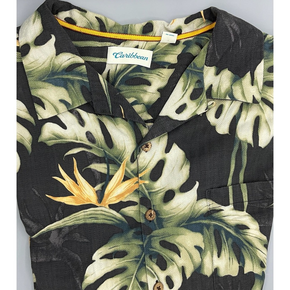 Caribbean Mens Short Sleeve Hawaiian Shirt Floral Monstera Black 55% Silk Sz 3XB